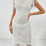 Fringe Openwork Boat Neck Knit Dress
