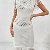 Fringe Openwork Boat Neck Knit Dress
