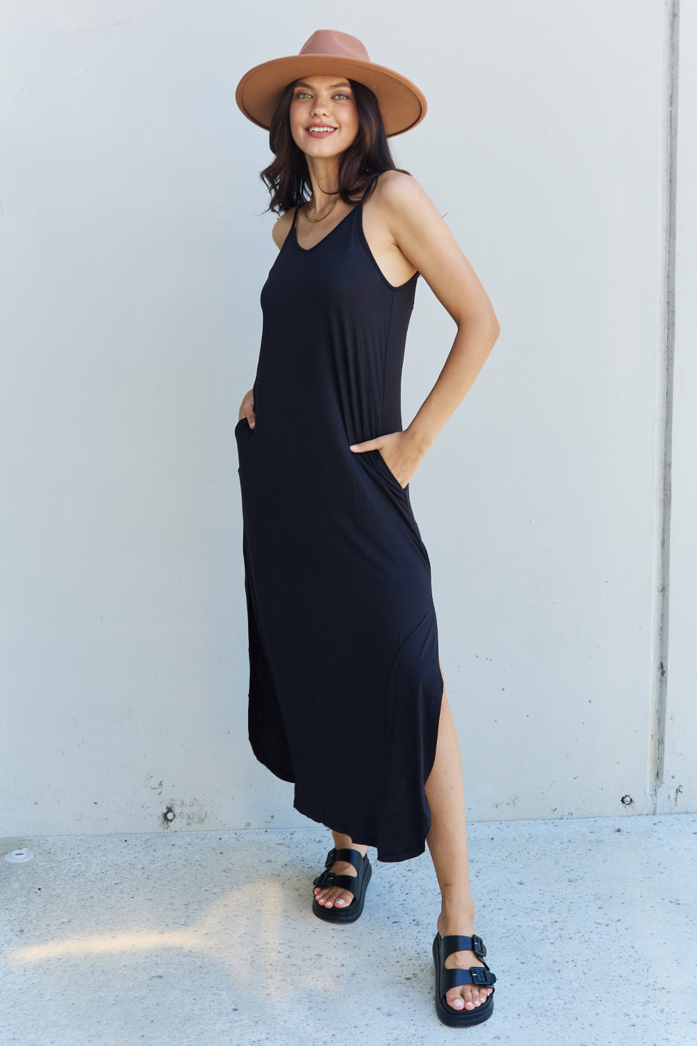 Ninexis Good Energy Full Size Cami Side Slit Maxi Dress in Black
