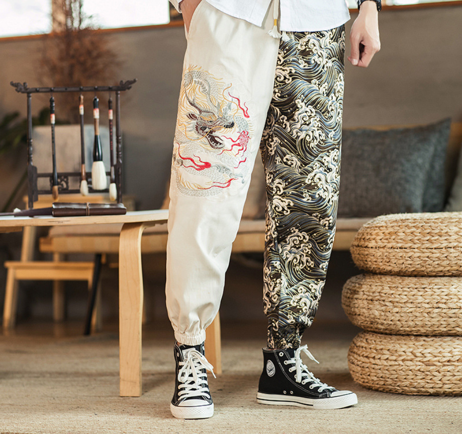 Embroidered silver dragon trousers
