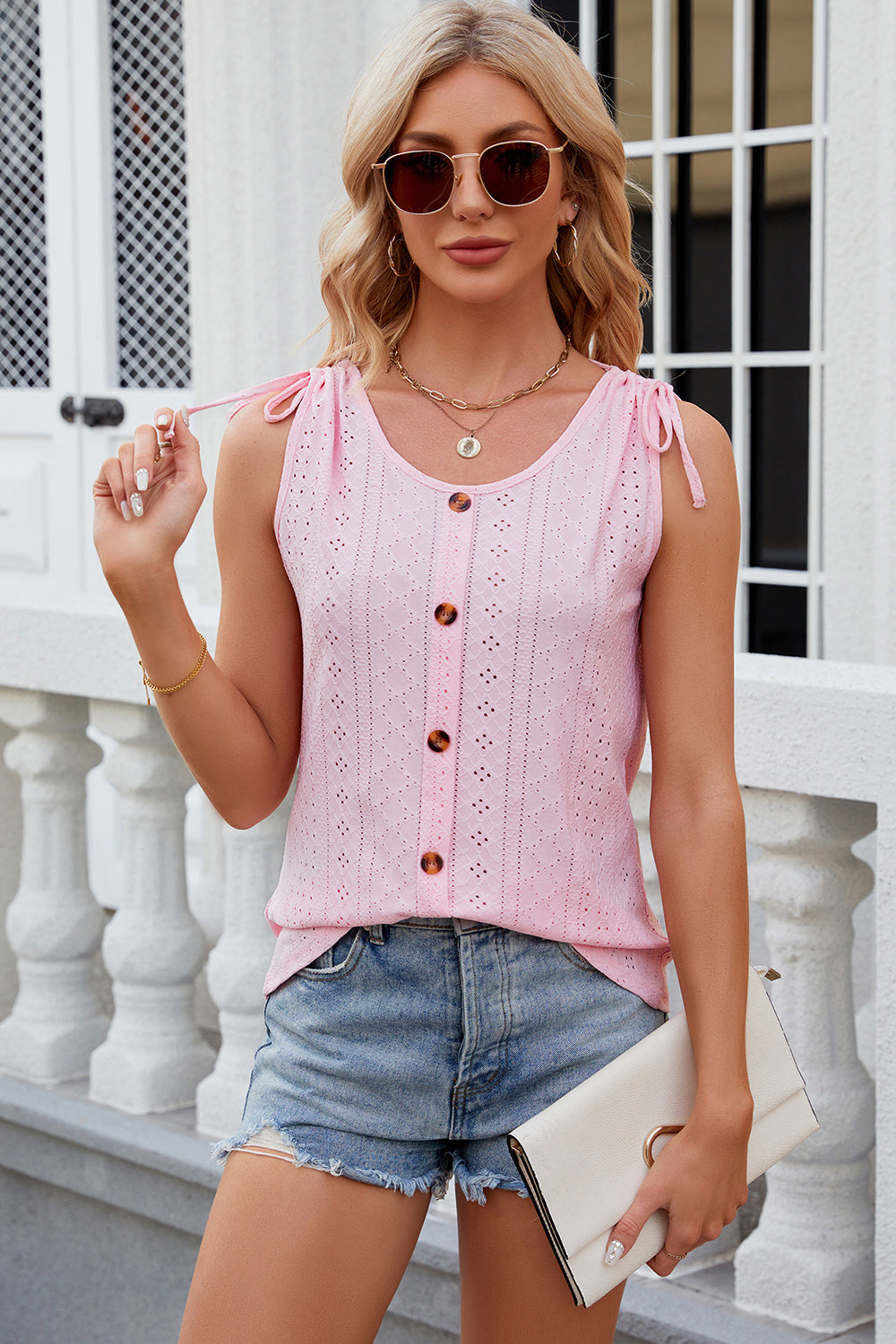 Eyelet Round Neck Wide Strap Tank
