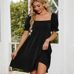 Ruched Square Neck Flounce Sleeve Mini Dress
