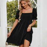 Ruched Square Neck Flounce Sleeve Mini Dress
