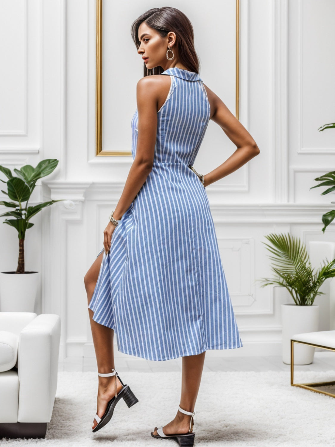 Slit Striped Sleeveless Midi Dress
