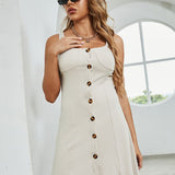 Button Up Square Neck Wide Strap Dress
