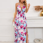 Slit Backless Printed Halter Neck Dress
