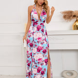 Slit Backless Printed Halter Neck Dress
