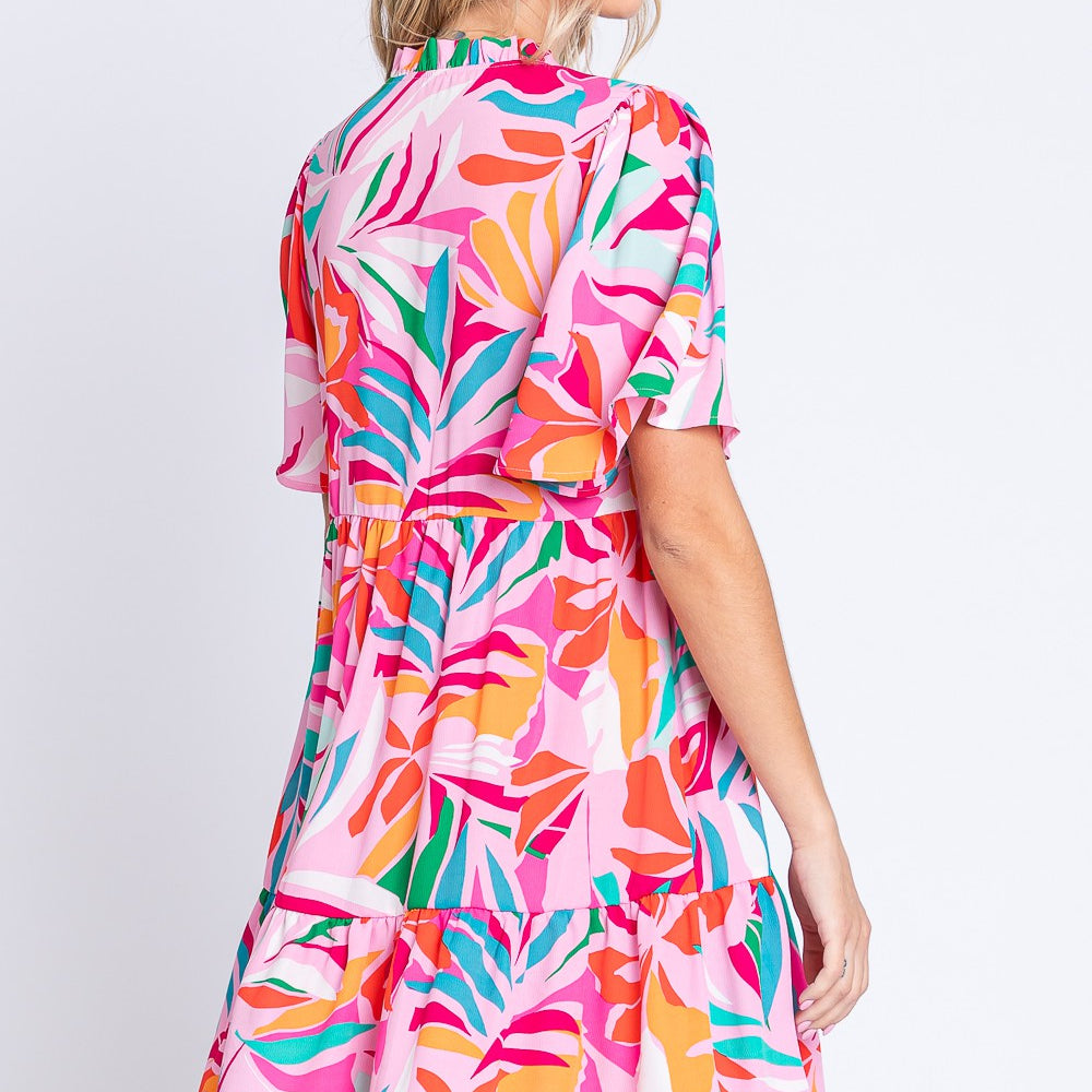 GeeGee Printed Short Sleeve Ruffle Hem Dress
