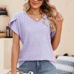 Eyelet V-Neck Petal Sleeve T-Shirt
