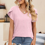 Eyelet V-Neck Petal Sleeve T-Shirt
