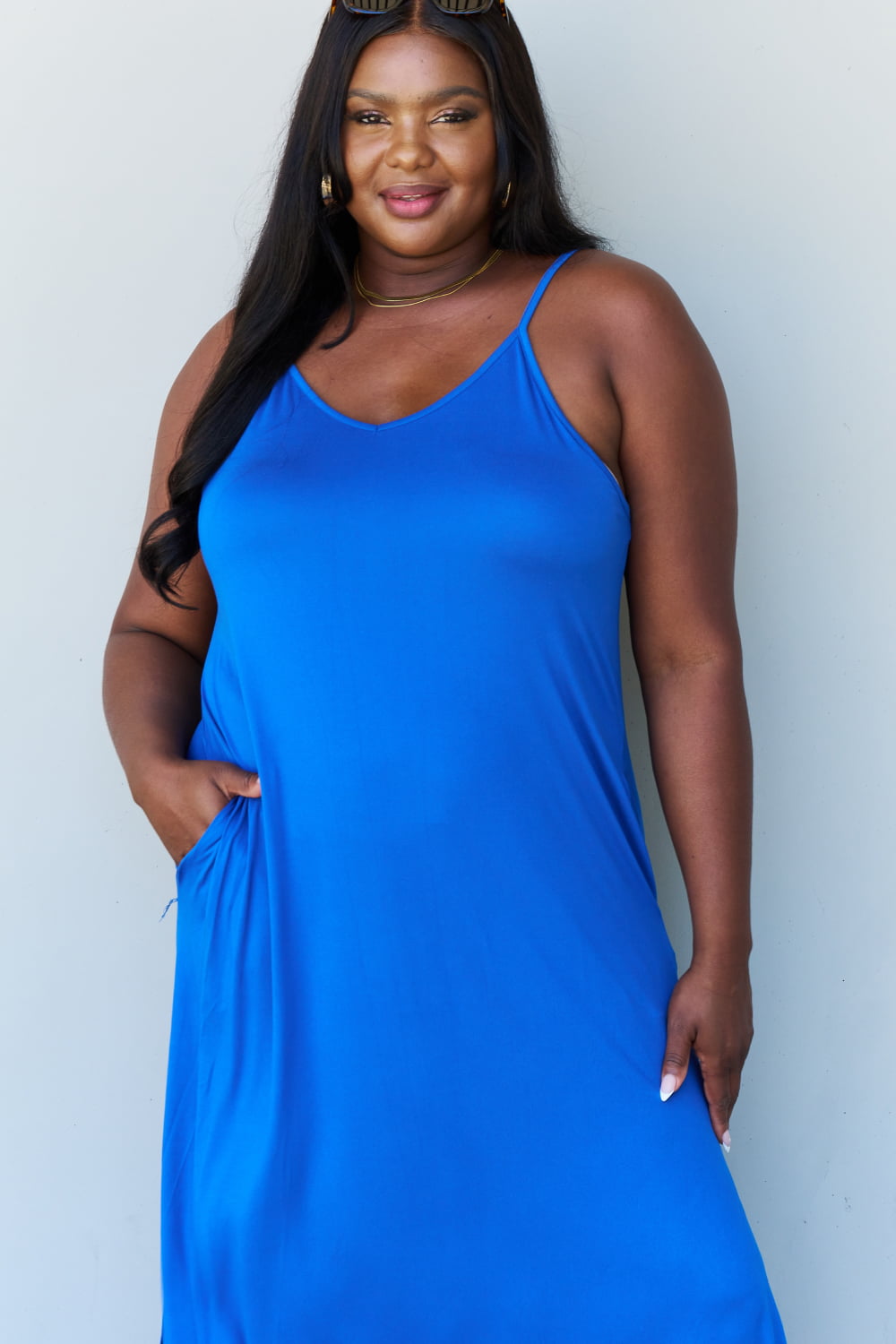 Ninexis Good Energy Full Size Cami Side Slit Maxi Dress in Royal Blue
