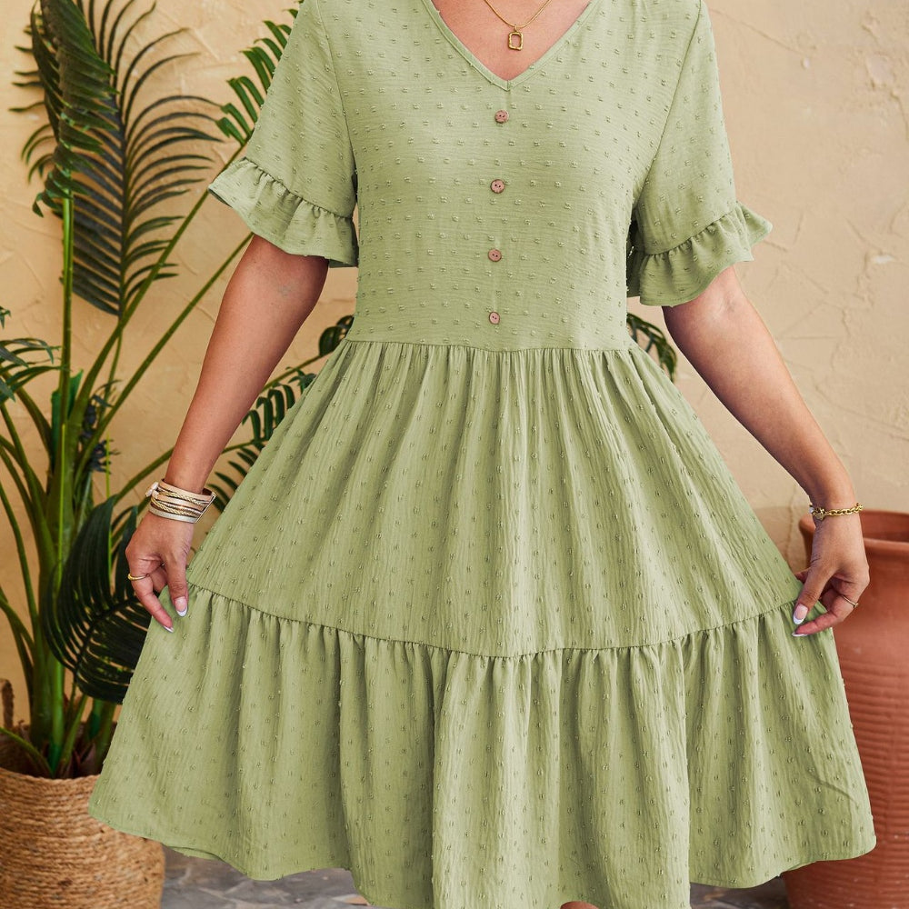 Swiss Dot Ruffled V-Neck Tiered Dress
