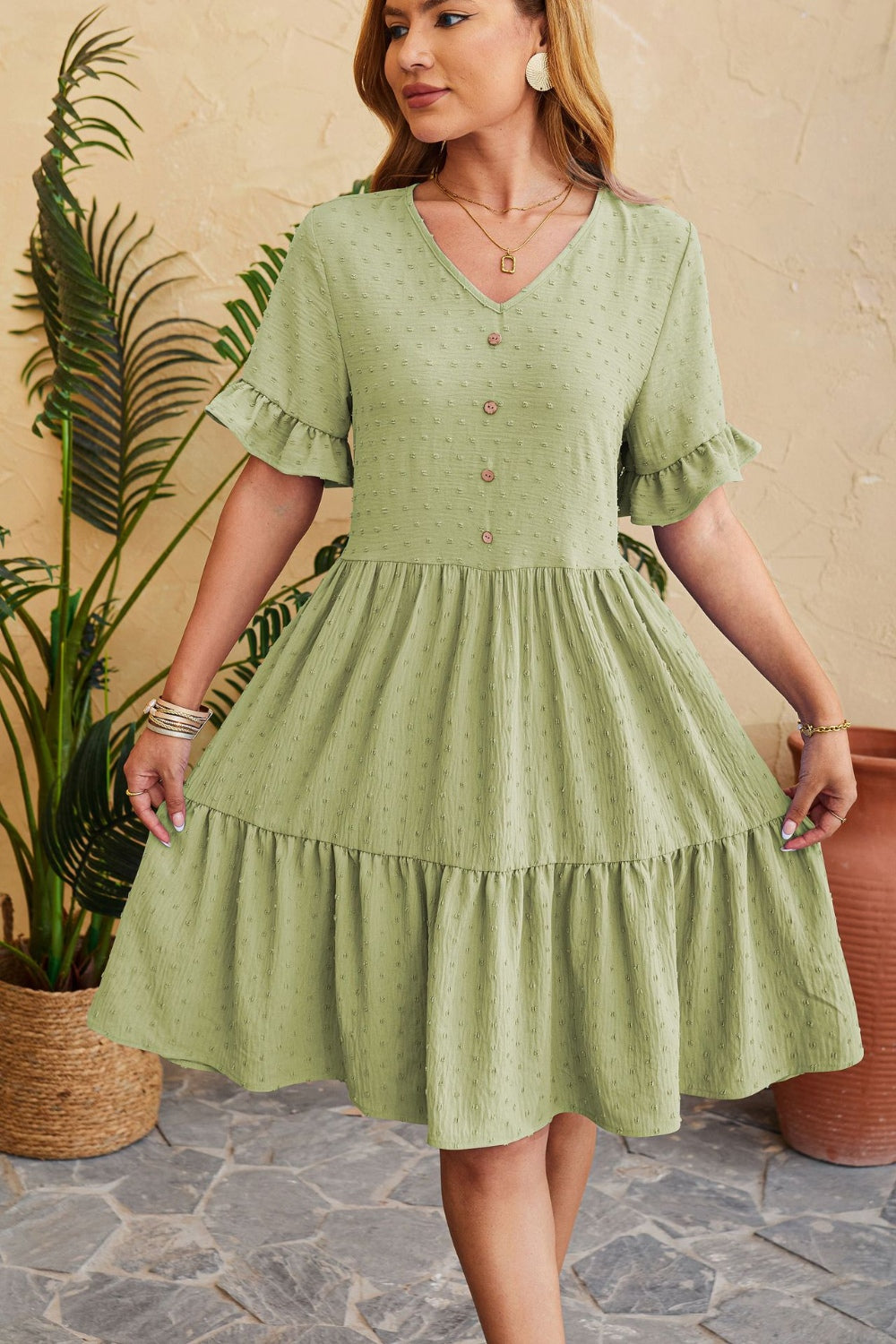 Swiss Dot Ruffled V-Neck Tiered Dress
