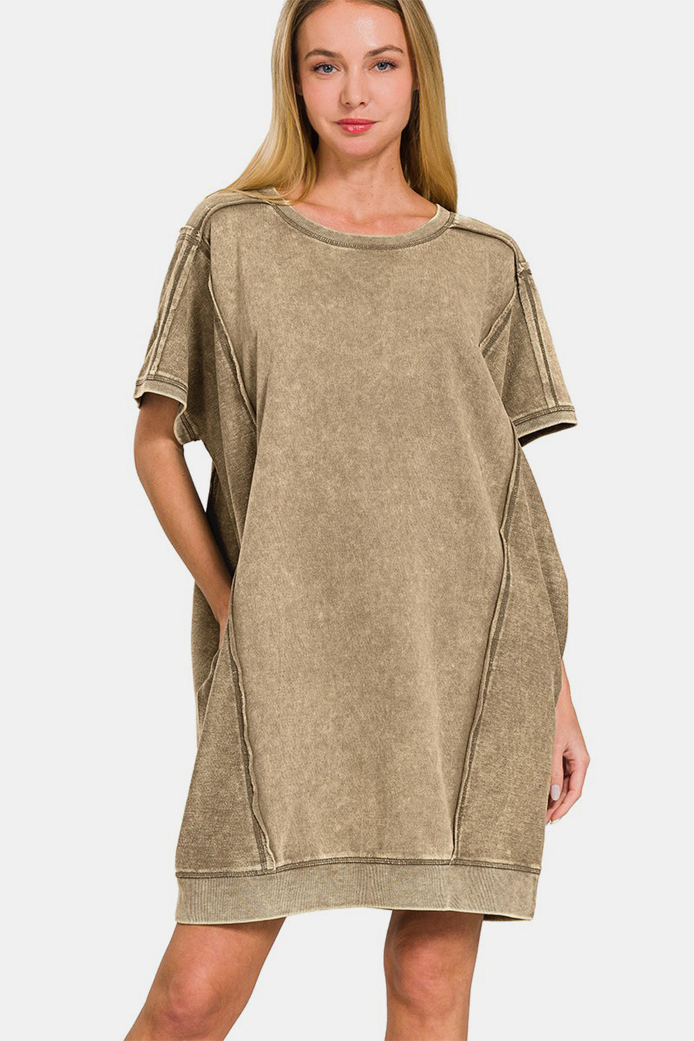 Zenana Washed Exposed Seam Mini Tee Dress
