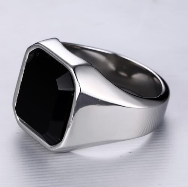 Men's stainless steel black agate ring
