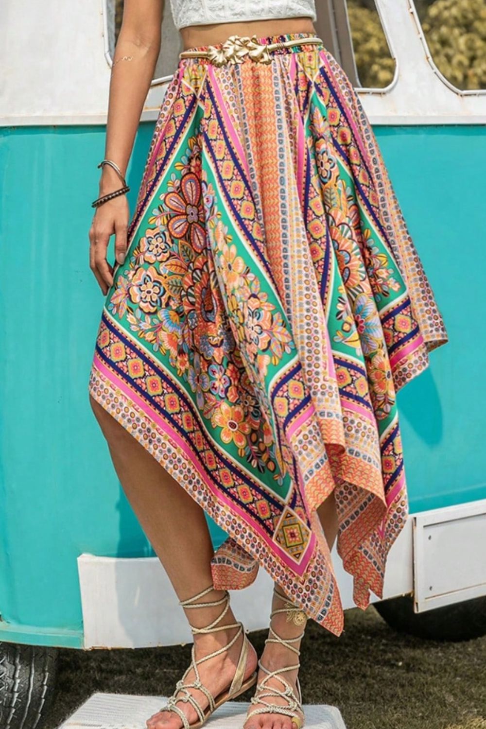 Printed High Waist Handkerchief Hem Skirt
