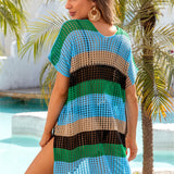 Openwork Striped V-Neck Short Sleeve Cover Up
