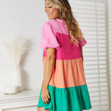 Double Take Color Block Buttoned Puff Sleeve Dress
