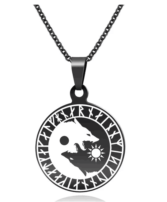 Wolf Head Sun Moon Necklace Titanium Steel Viking  Pendant
