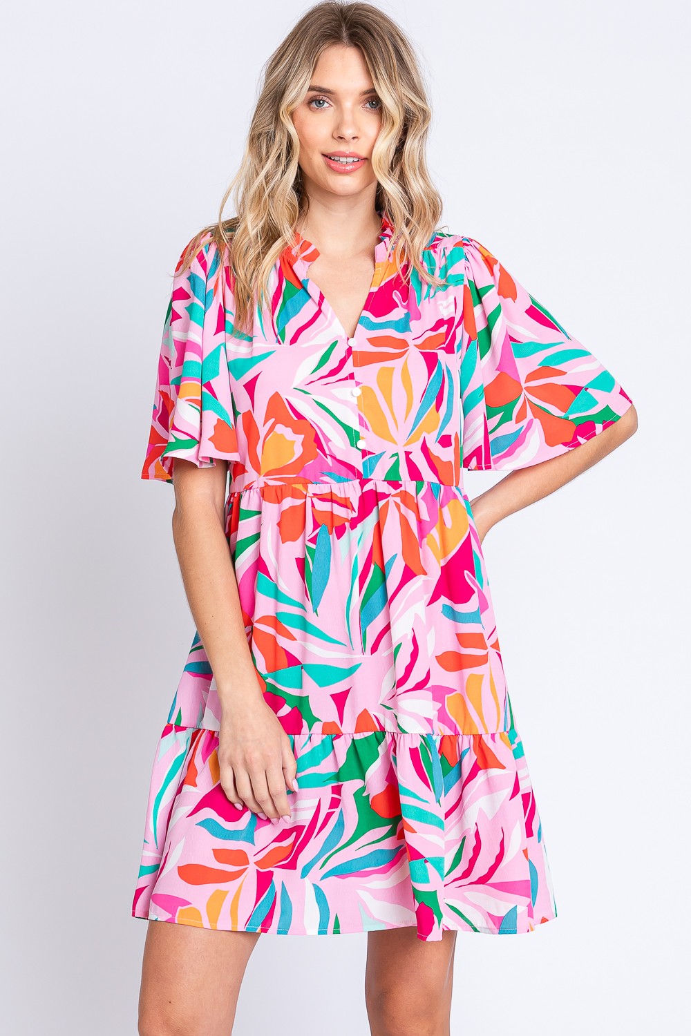 GeeGee Printed Short Sleeve Ruffle Hem Dress
