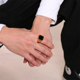 Men's stainless steel black agate ring
