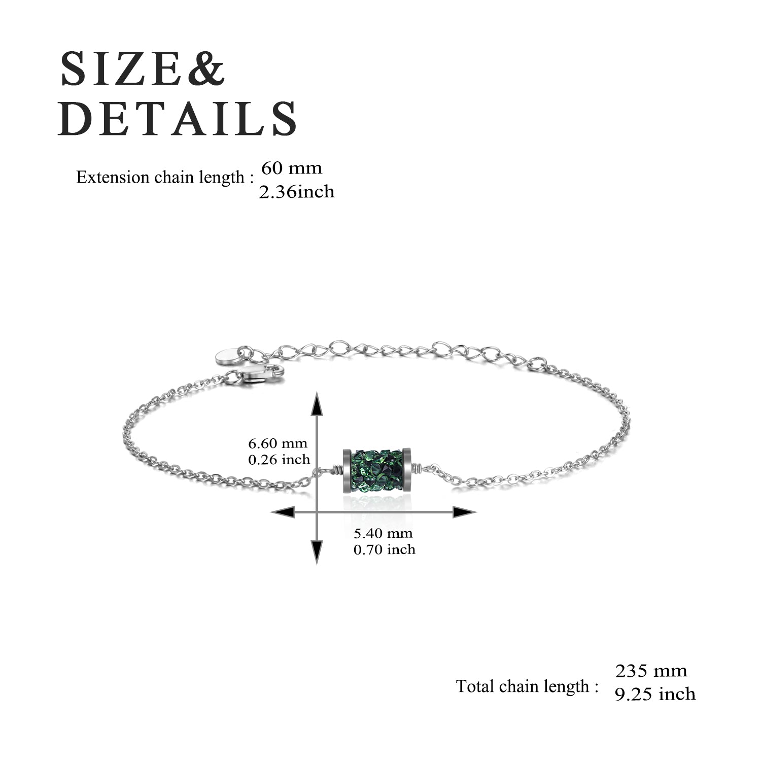 Sterling Silver with Green Crystal Bracelet Exquisite and Elegant Cable Chain
