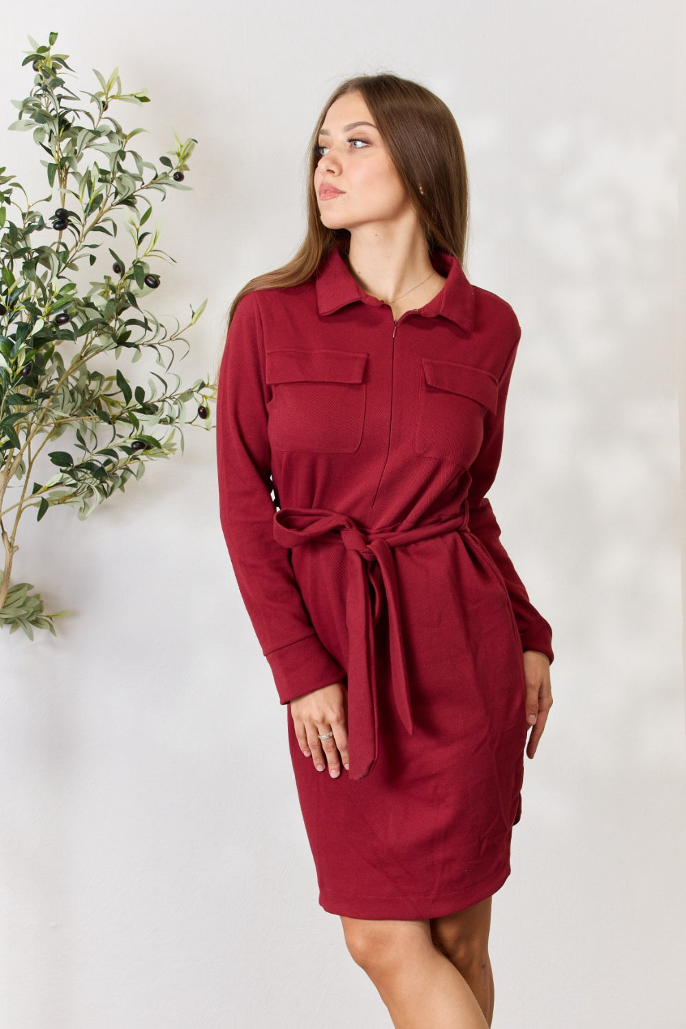 Culture Code Full Size Tie Front Half Zip Long Sleeve Shirt Dress
