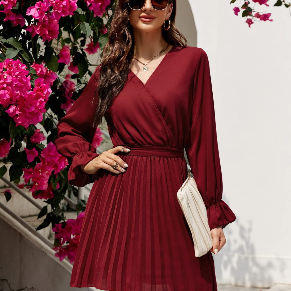 Surplice Flounce Sleeve Pleated Mini Dress
