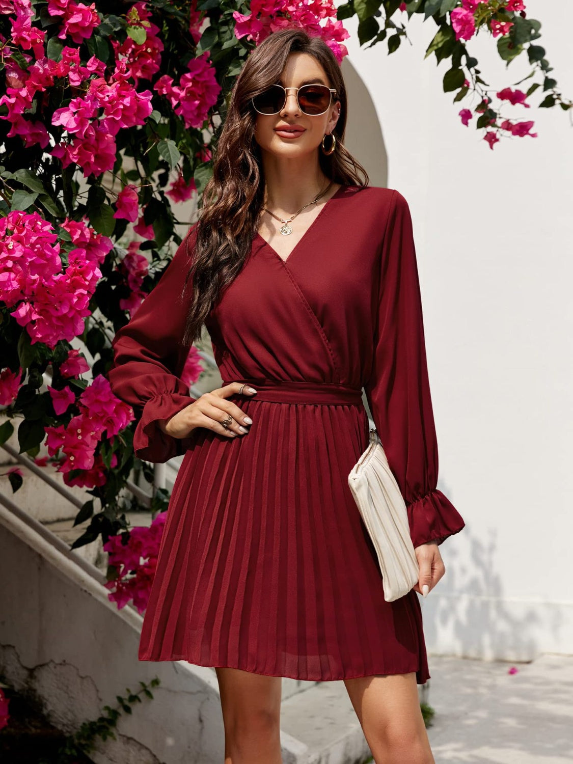 Surplice Flounce Sleeve Pleated Mini Dress
