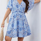 Plus Size Surplice Flutter Sleeve Mini Dress
