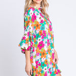 GeeGee Full Size Floral Round Neck Lantern Sleeve Mini Dress
