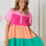 Double Take Color Block Buttoned Puff Sleeve Dress
