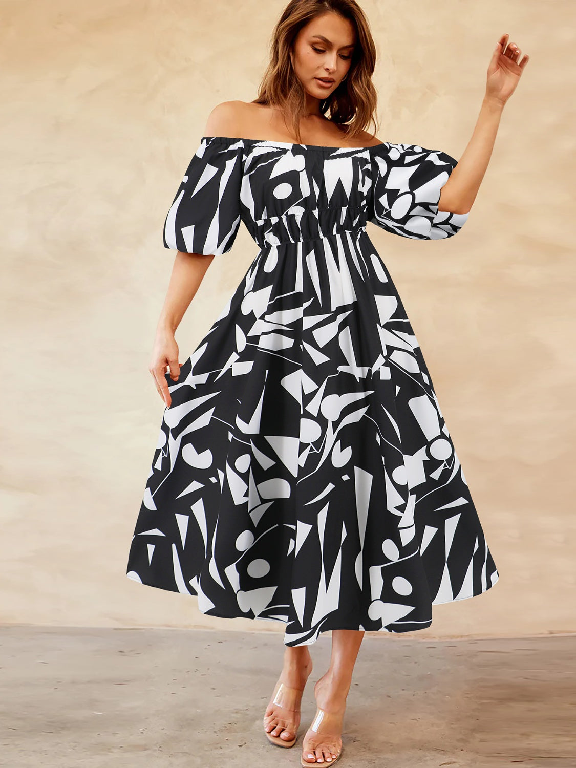 Printed Off-Shoulder Balloon Sleeve Dress
