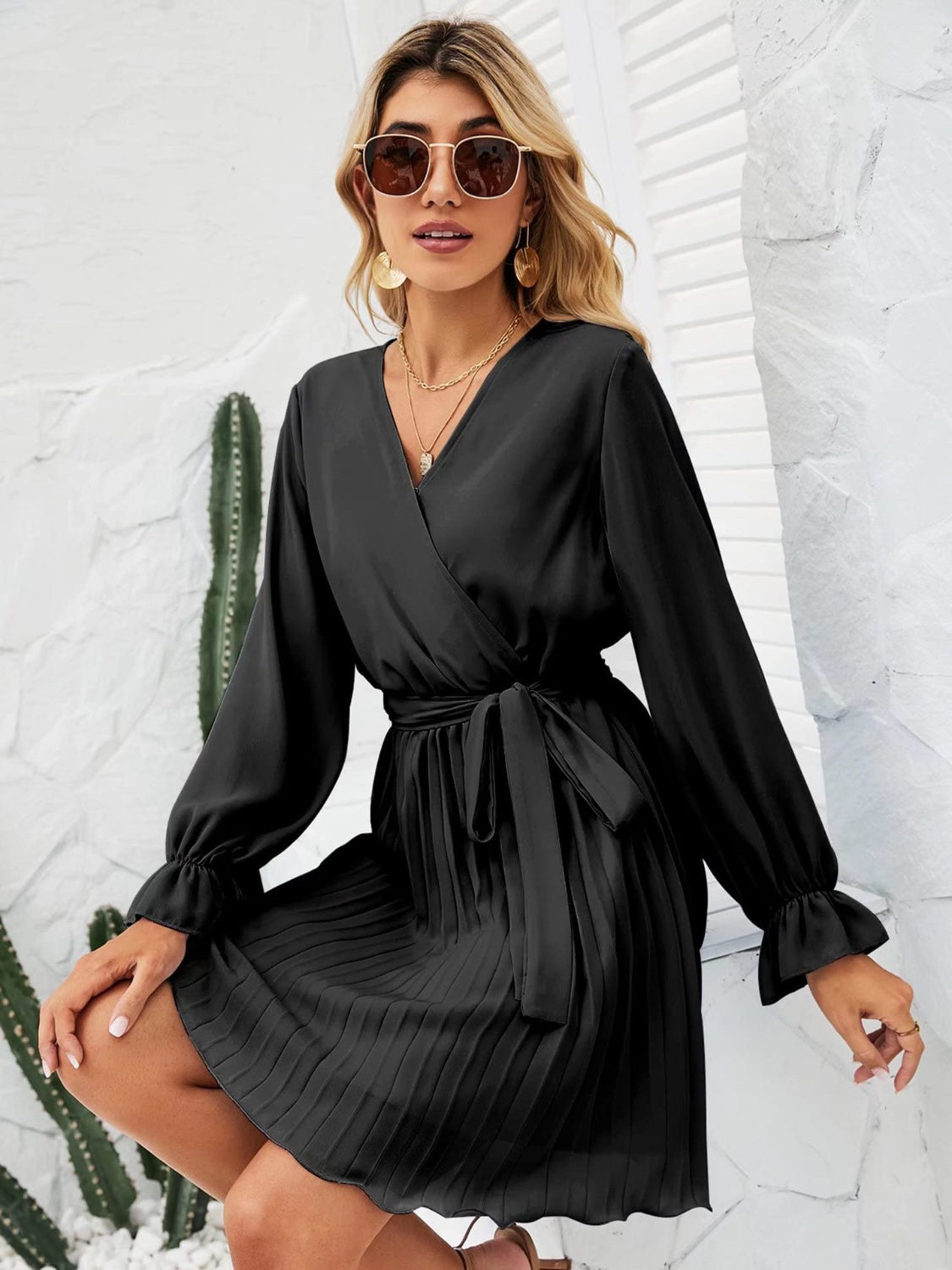 Surplice Flounce Sleeve Pleated Mini Dress
