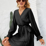 Surplice Flounce Sleeve Pleated Mini Dress
