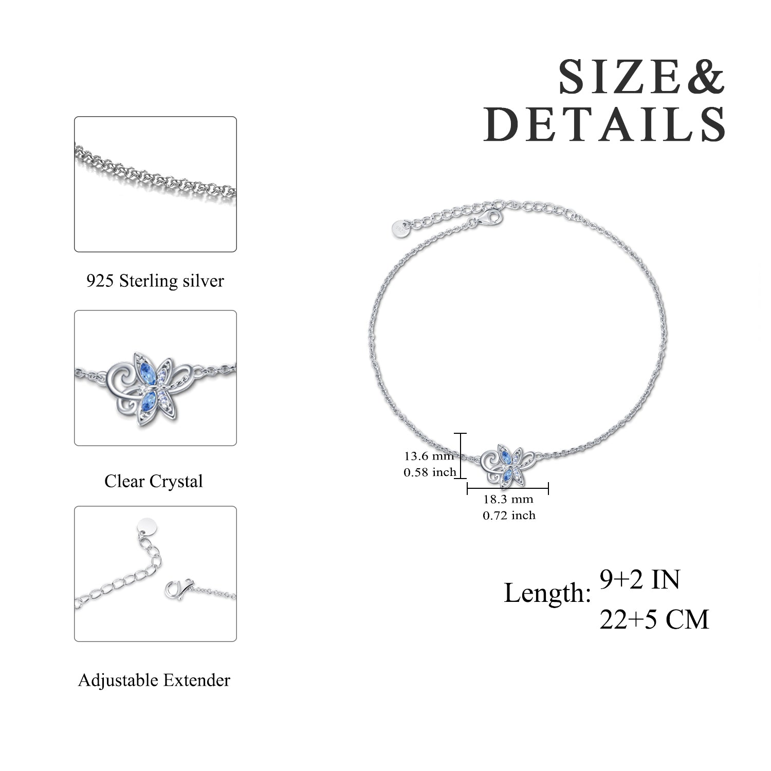 Sterling Silver Anklet with Elegant Crystal Blue Dragonfly
