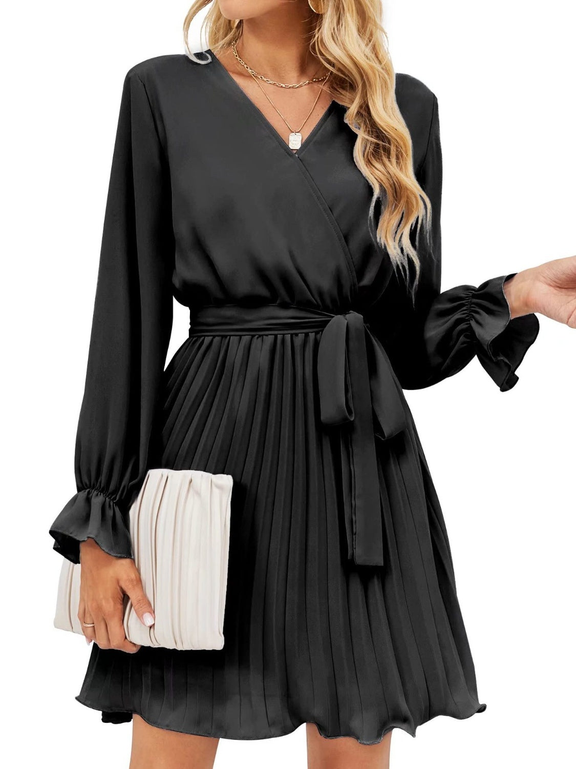 Surplice Flounce Sleeve Pleated Mini Dress
