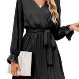 Surplice Flounce Sleeve Pleated Mini Dress
