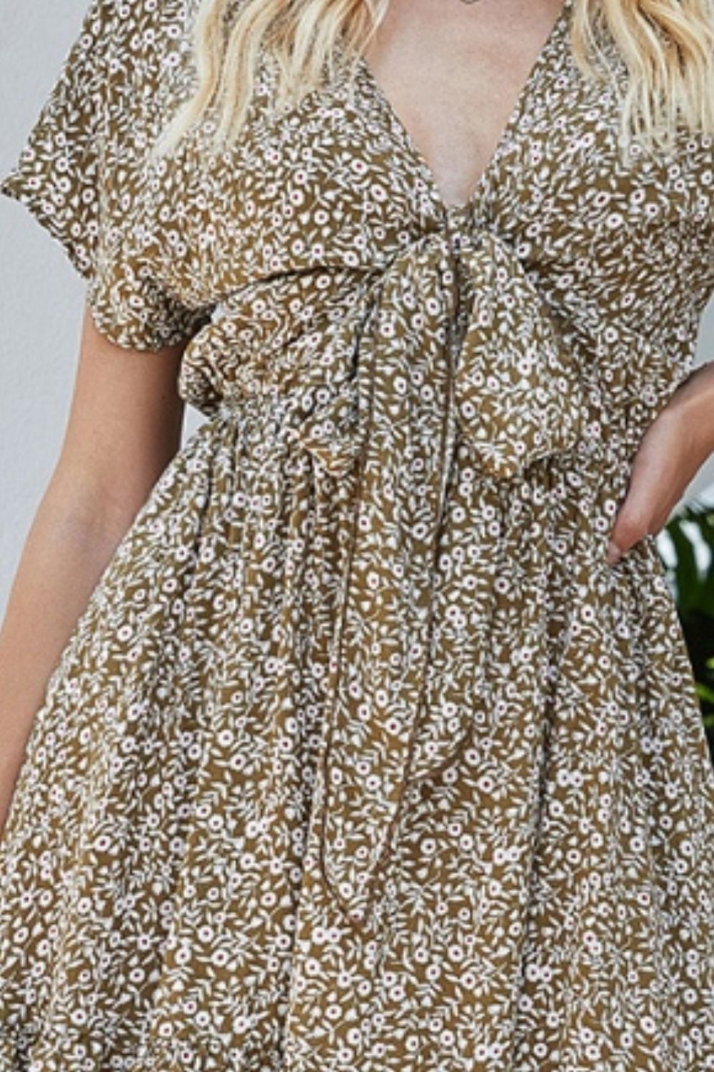 Tied Floral V-Neck Cap Sleeve Dress
