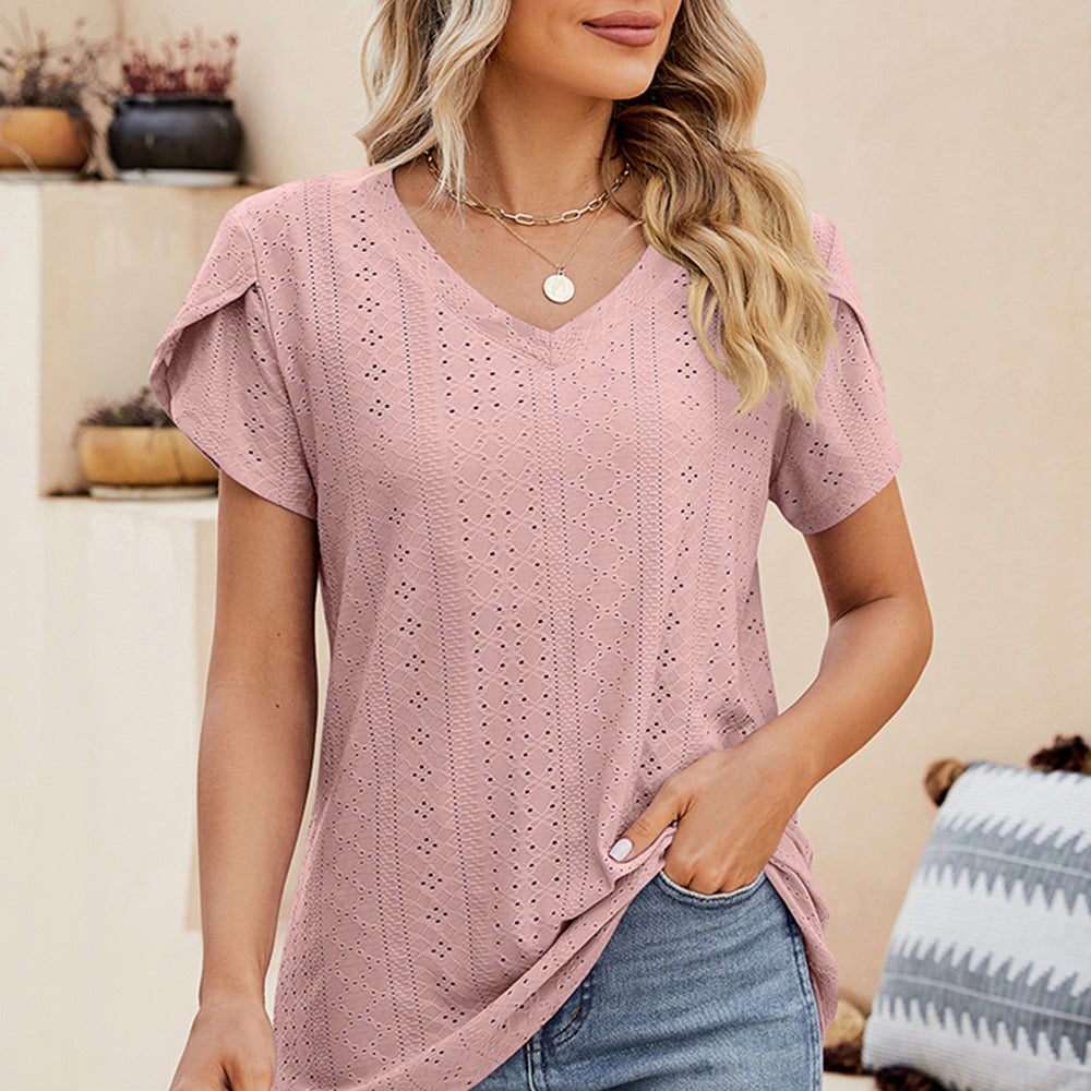 Eyelet V-Neck Petal Sleeve T-Shirt
