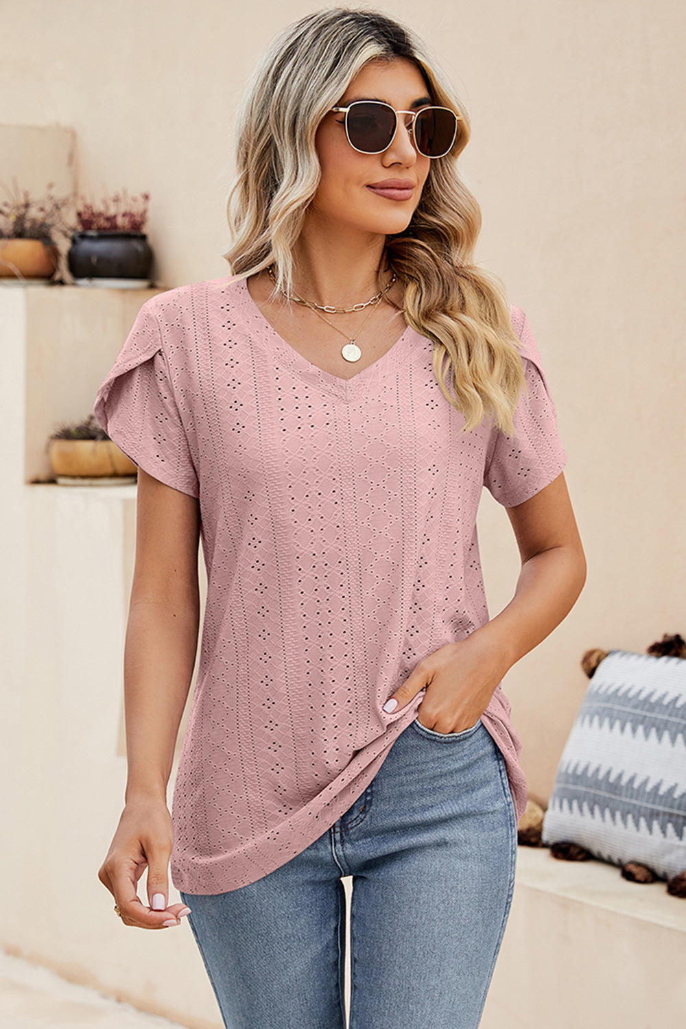 Eyelet V-Neck Petal Sleeve T-Shirt
