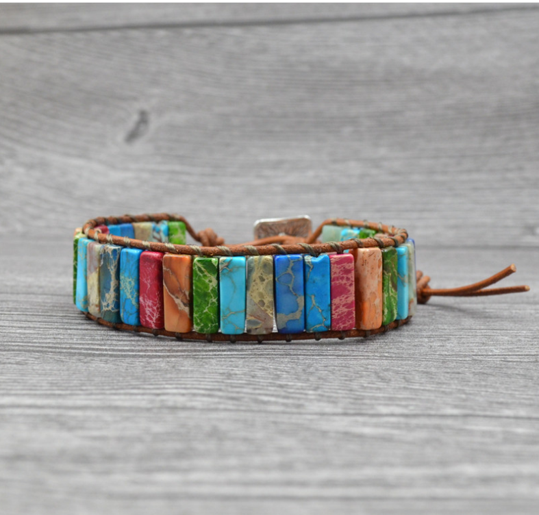 Colored Imperial Stone Hand-woven Single-layer Leather Bracelet Creative Ethnic Style Simple Bracelet
