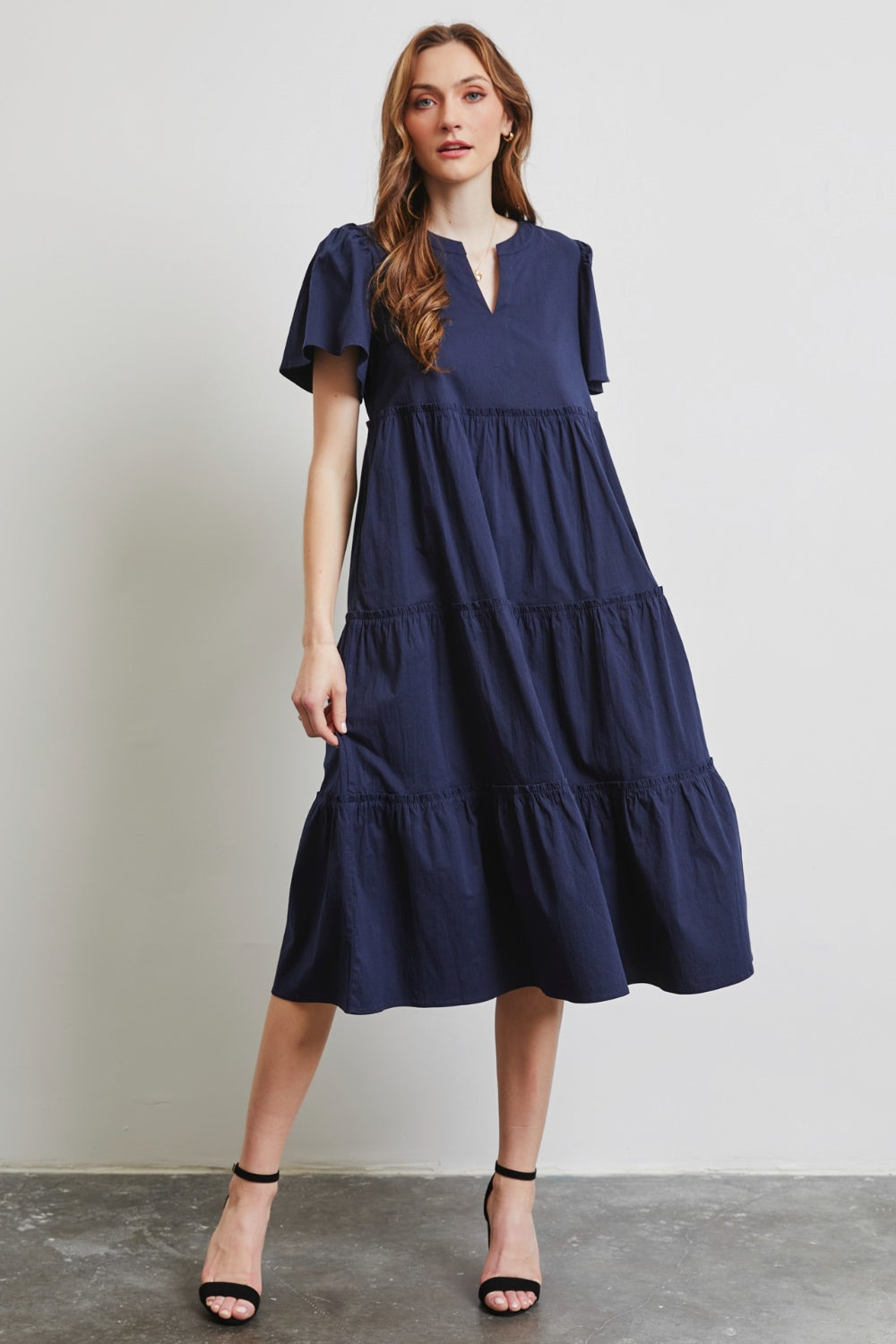 HEYSON Full Size Cotton Poplin Ruffled Tiered Midi Dress
