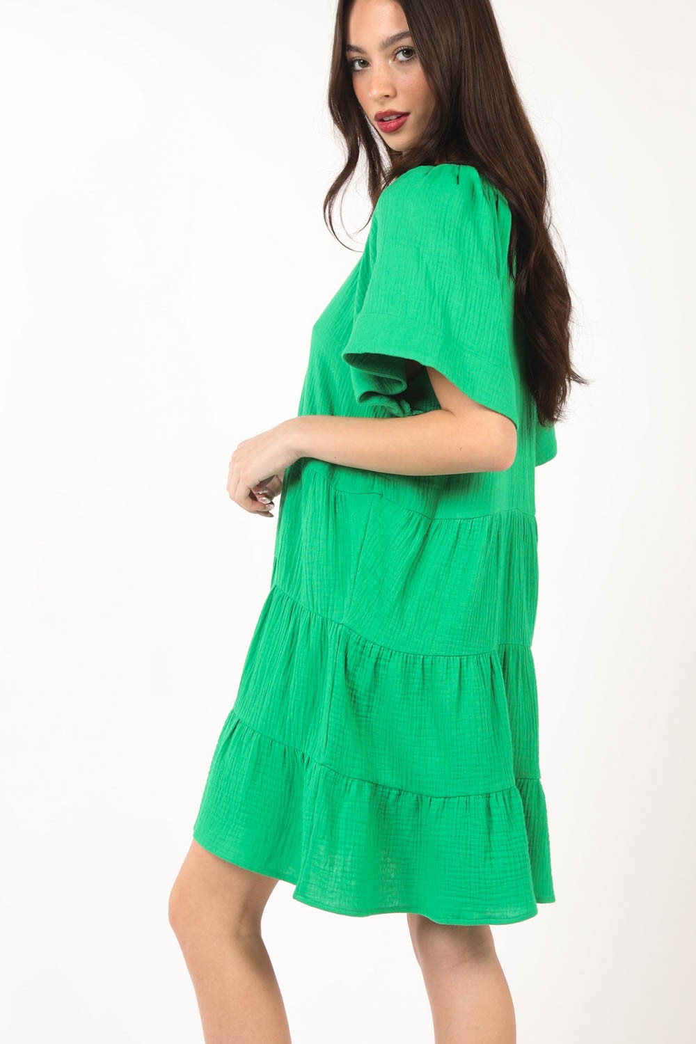 VERY J Texture V-Neck Ruffled Tiered Dress
