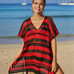 Tassel Openwork Striped V-Neck Cover Up
