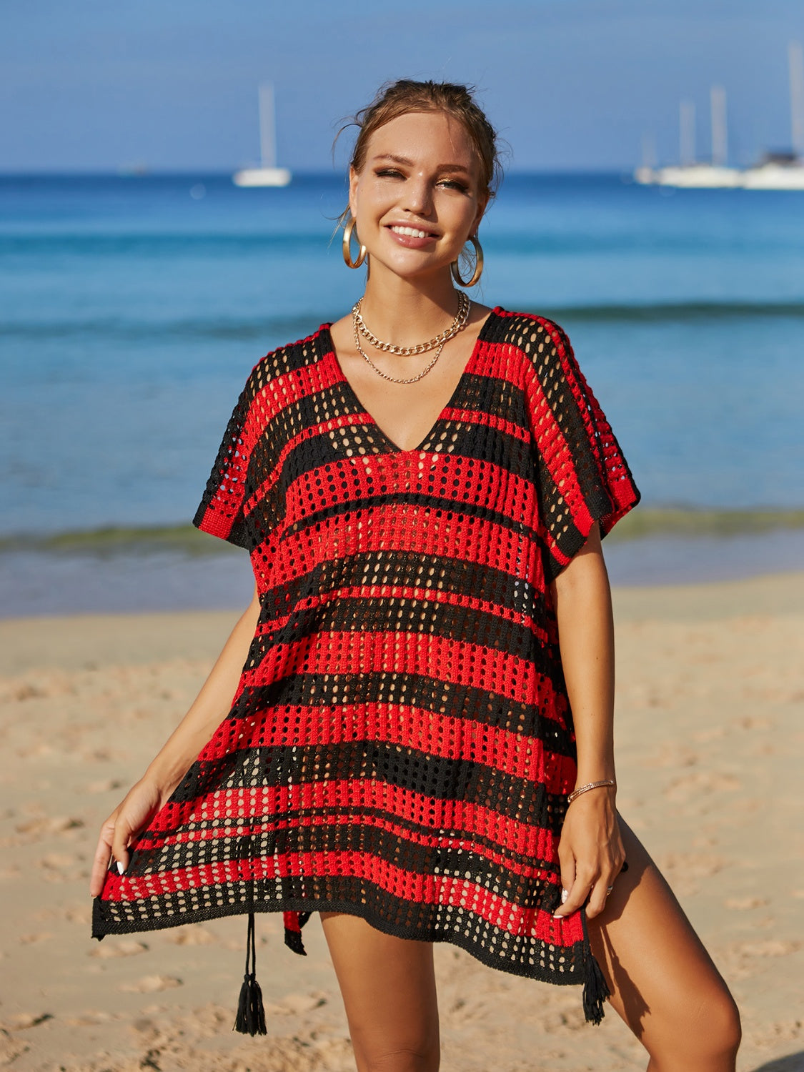 Tassel Openwork Striped V-Neck Cover Up
