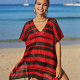 Tassel Openwork Striped V-Neck Cover Up
