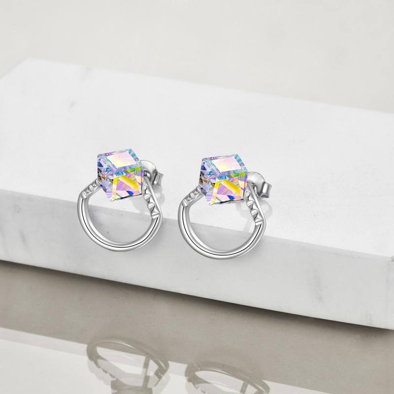 Sterling Silver Cube Aurora Borealis Crystal Stud Earrings Hypoallergenic Jewelry
