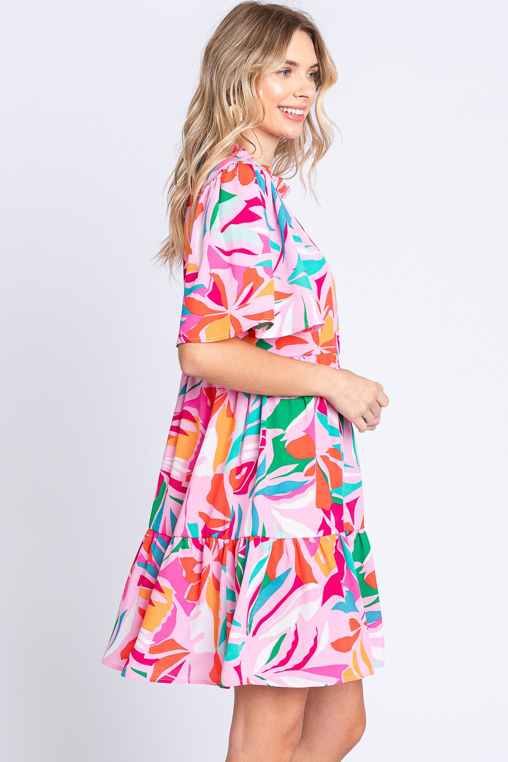 GeeGee Printed Short Sleeve Ruffle Hem Dress
