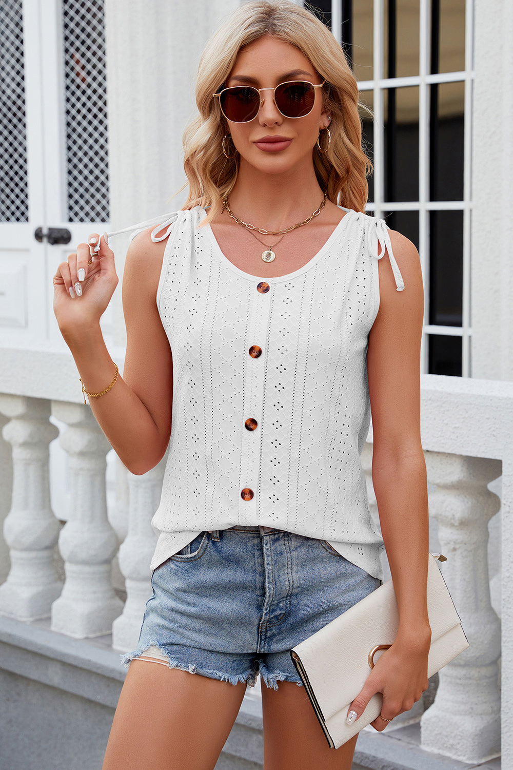 Eyelet Round Neck Wide Strap Tank
